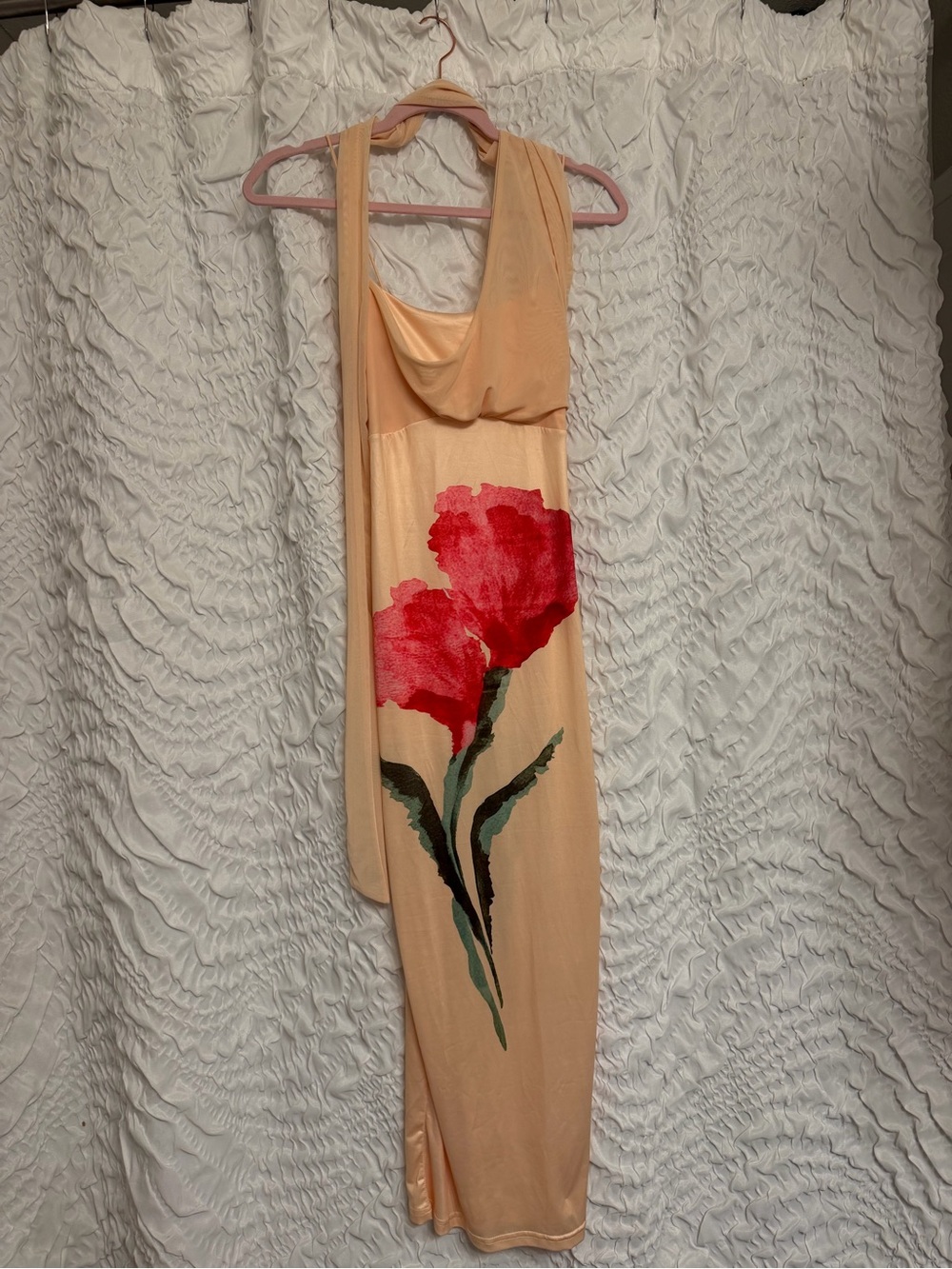 Sleeveless Peach Maxi Dress with Red Floral Print